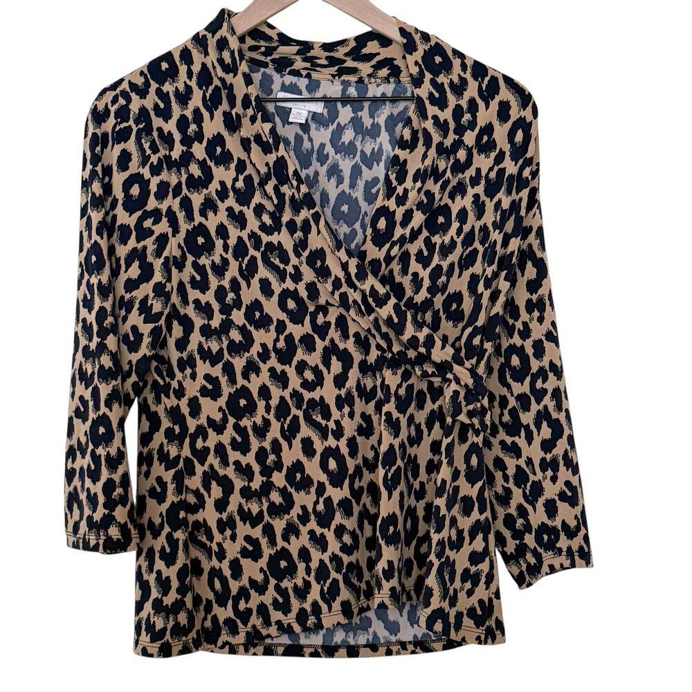 Charter Club Brown Leopard Print V Neck Quarter Sleeve Blouse Womans Size PM
